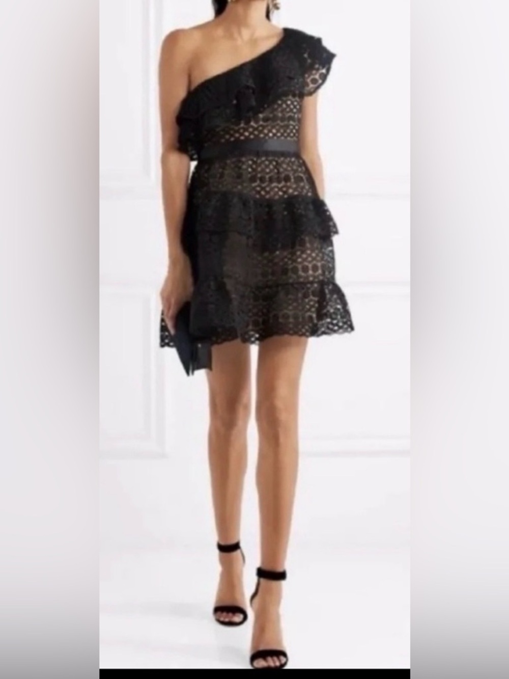 Self-Portrait Guipure Lace One Shoulder Mini Dress Black NWT Size 0 - Picture 3 of 16